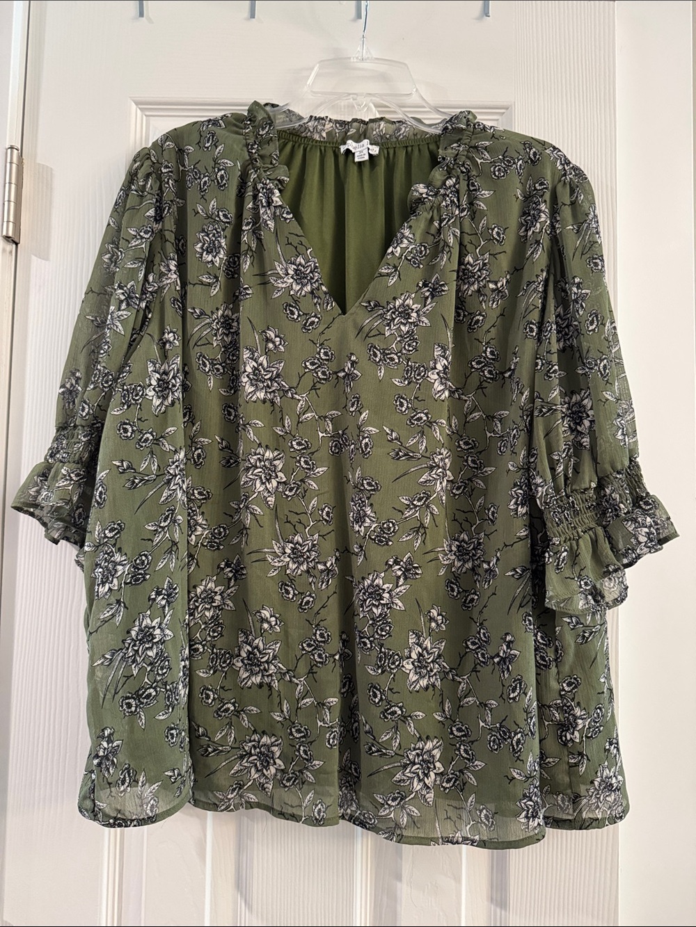 Ophelia Roe Olive Green Floral V-Neck Ruffle Blouse